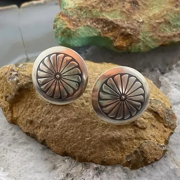 Native American Sterling Silver Round Stamped Concho Stud Earrings For Women #2 - Picture 1 of 10
